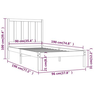 vidaXL Sängynrunko musta täysi mänty 90x190 cm Single