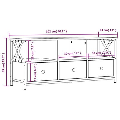 vidaXL TV-taso ruskea tammi 102x33x45 cm tekninen puu ja rauta