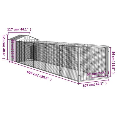 vidaXL Koirankoppi katolla v.harmaa 117x609x123 cm galvanoitu teräs