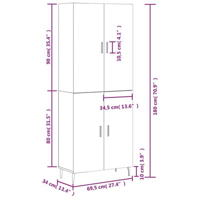 vidaXL Kaappi harmaa Sonoma 69,5x34x180 cm tekninen puu