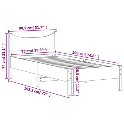 vidaXL Sängynrunko ilman patjaa päädyllä 75x190 cm täysi mänty