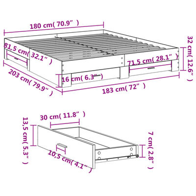 vidaXL Sängynrunko laatikoilla ruskea tammi 180x200 cm tekninen puu