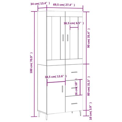 vidaXL Kaappi musta 69,5x34x180 cm tekninen puu