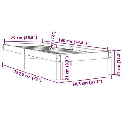 vidaXL Sängynrunko ilman patjaa vahanruskea 75x190 cm täysi mänty