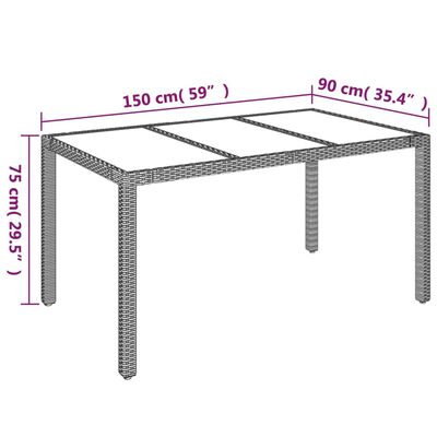 vidaXL Puutarhapöytä lasipöytälevy harmaa 150x90x75 cm polyrottinki