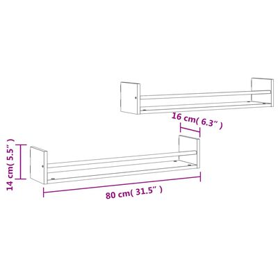 vidaXL Seinähyllyt tangoilla 2 kpl harmaa Sonoma 80x16x14 cm