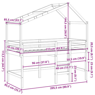 vidaXL Parvisänky tikkailla ja katoksella 80x200 cm täysi mänty