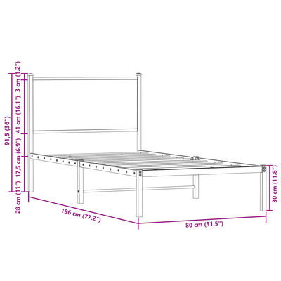 vidaXL Metallinen sängynrunko ilman patjaa savutammi 75x190 cm