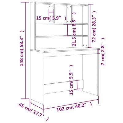 vidaXL Työpöytä hyllyillä ruskea tammi 102x45x148 cm tekninen puu