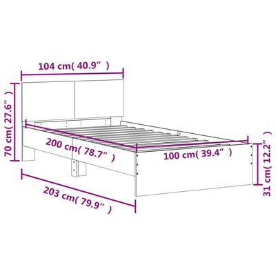 vidaXL Sängynrunko päädyllä ja LED-valoilla harmaa Sonoma 100x200 cm