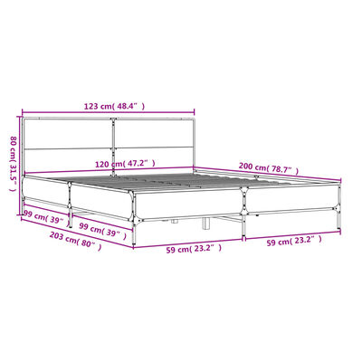 vidaXL Sängynrunko ruskea tammi 120x200 cm tekninen puu ja metalli