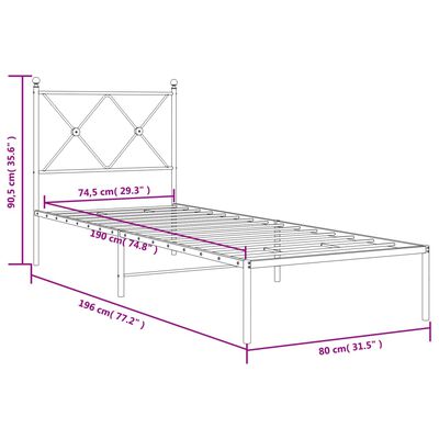 vidaXL Metallisängynrunko ilman patjaa päätylevy valkoinen 75x190 cm