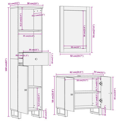 vidaXL 3-osainen Kylpyhuonekalustesarja ruskea ja musta täysi mangopuu