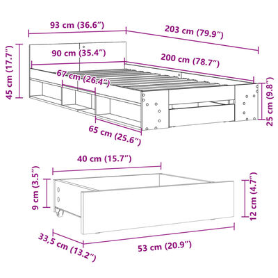 vidaXL Sängynrunko laatikolla Sonoma-tammi 90x200 cm tekninen puu