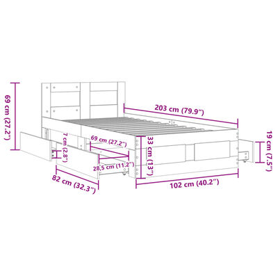 vidaXL Sängynrunko päädyllä harmaa Sonoma 100x200 cm tekninen puu