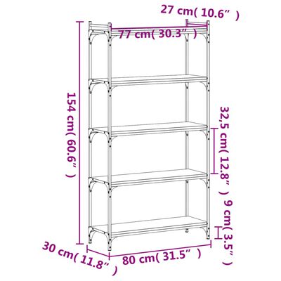 vidaXL Kirjahylly 5 kerrosta ruskea tammi 80x30x154 cm tekninen puu