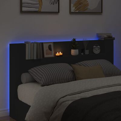 vidaXL Sängynpäätykaappi LED-valoilla musta 180x16,5x103,5 cm