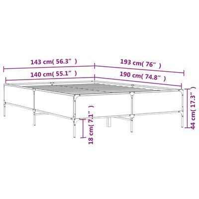 vidaXL Sängynrunko savutammi 140x190 cm tekninen puu ja metalli