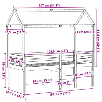 vidaXL Korotettu sänky katolla valkoinen 75x190 cm täysi mänty