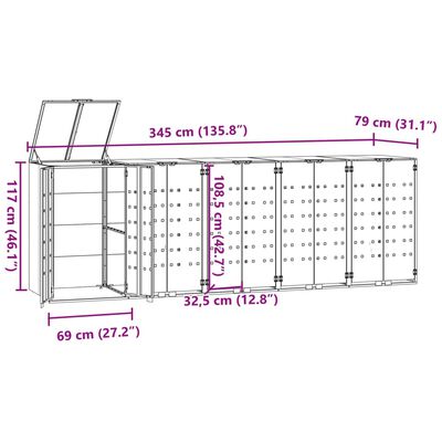 vidaXL Roskalaatikon säilytystila viidelle musta 345x79x117 cm teräs