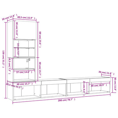 vidaXL 4-osainen LED TV-kaappisarja Sonoma-tammi tekninen puu