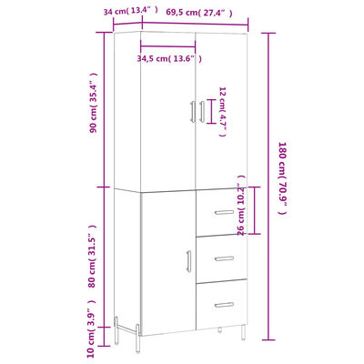 vidaXL Kaappi valkoinen 69,5x34x180 cm tekninen puu