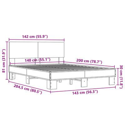 vidaXL Sängynrunko ruskea tammi 140x200 cm tekninen puu ja metalli