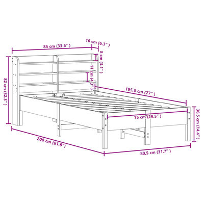 vidaXL Sängynrunko ilman patjaa päädyllä 75x190 cm täysi mänty