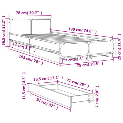 vidaXL Sängynrunko laatikoilla ruskea tammi 75x190 cm tekninen puu