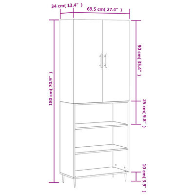 vidaXL Kaappi harmaa Sonoma 69,5x34x180 cm tekninen puu