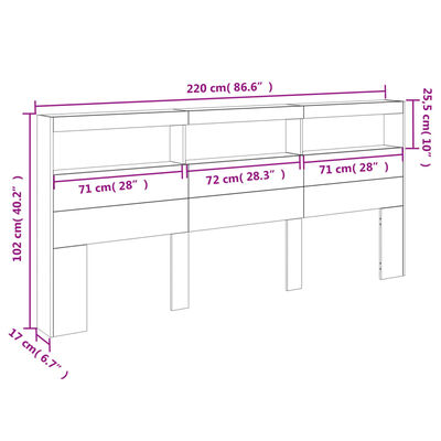 vidaXL Sängynpäätykaappi LED-valoilla betoninharmaa 220x17x102 cm