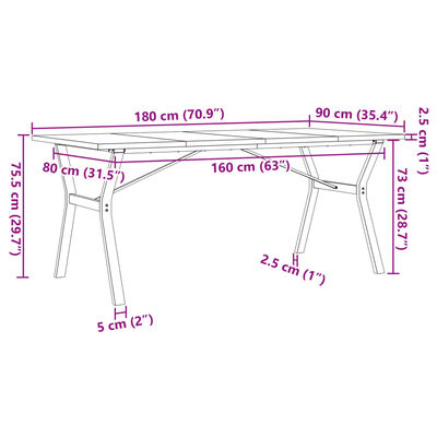 vidaXL Ruokapöytä Y-runko 180x90x75,5 cm täysi mänty ja valurauta