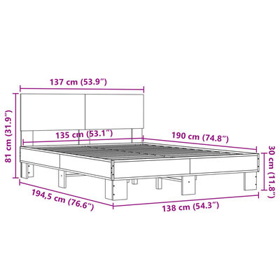 vidaXL Sängynrunko Sonoma-tammi 135x190 cm tekninen puu ja metalli