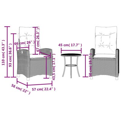 vidaXL 3-osainen Bistrosarja tyynyillä musta polyrottinki