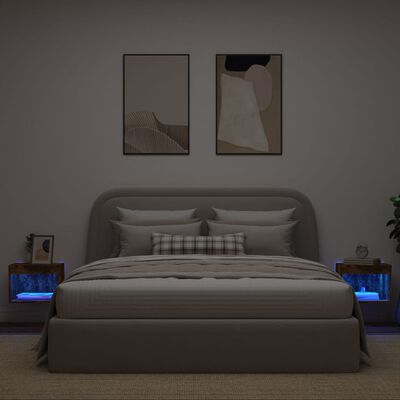 vidaXL Yöpöydät LED-valoilla seinäkiinnitettävät 2 kpl savutammi
