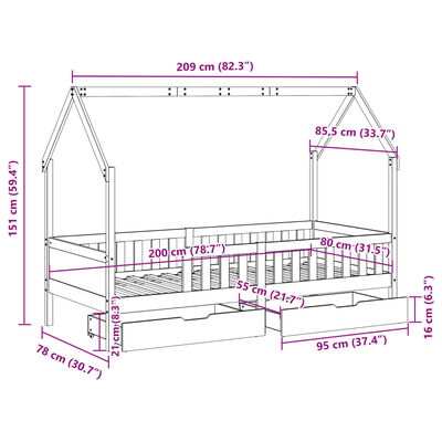 vidaXL Lasten sängynrunko laatikoilla 80x200 cm täysi mänty