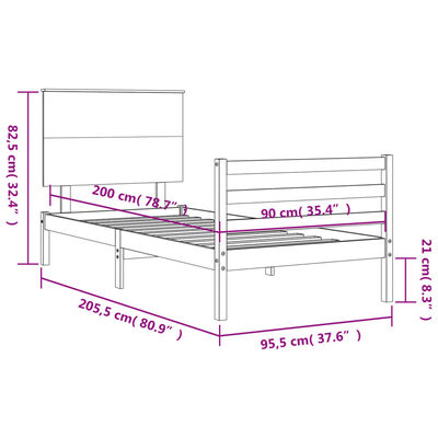 vidaXL Sängynrunko päädyllä musta 90x200 cm täysi puu