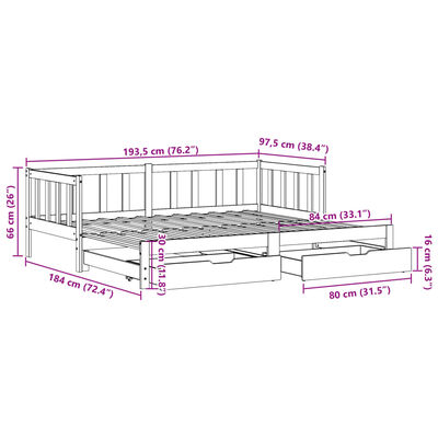 vidaXL Vuodesohva rullilla ja laatikoilla 90x190 cm täysi mänty