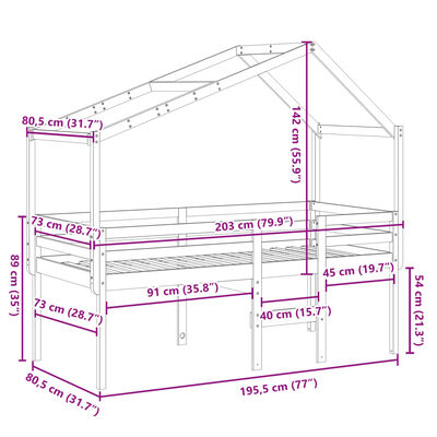 vidaXL Korotettu sänky katolla 75x190 cm täysi mänty