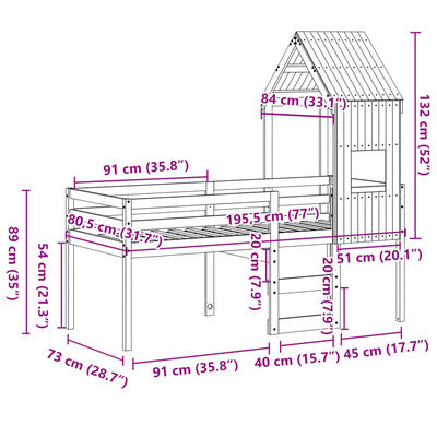 vidaXL Korotettu sänky katolla valkoinen 75x190 cm täysi mänty