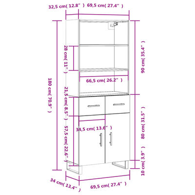 vidaXL Kaappi harmaa Sonoma 69,5x34x180 cm tekninen puu