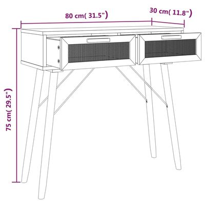 vidaXL Konsolipöytä ruskea 80x30x75 cm täysi mänty ja rottinki