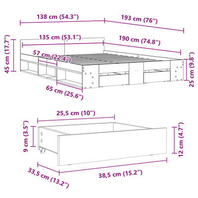 vidaXL Sängynrunko laatikoilla musta 135x190 cm tekninen puu