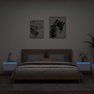 vidaXL Seinäkiinnitettävät yöpöydät LED-valoilla 2 kpl valkoinen