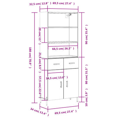 vidaXL Kaappi Sonoma tammi 69,5x34x180 cm tekninen puu