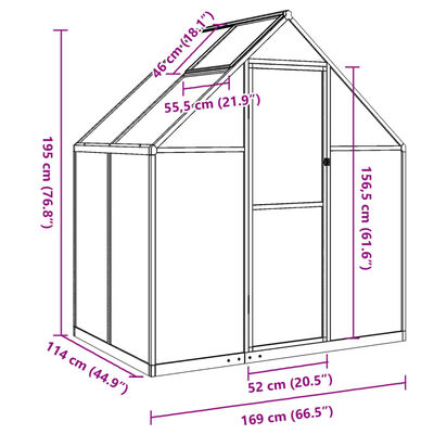 vidaXL Kasvihuone pohjarungolla hopea 169x114x195 cm alumiini