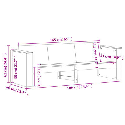 vidaXL Puutarhasohva 3-istuttava vahanruskea 189x60x62 cm täysi mänty