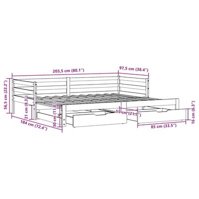 vidaXL Vuodesohva rullilla ja laatikoilla valk. 90x200 cm täysi mänty