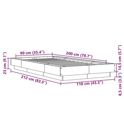 vidaXL Sängynrunko LED-valoilla ruskea tammi 90x200 cm tekninen puu