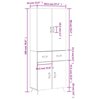 vidaXL Kaappi betoninharmaa 69,5x34x180 cm tekninen puu